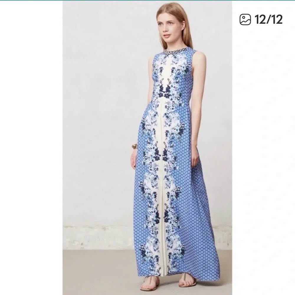 Anthropologie Blue and Cream Patterned Maxi Dress